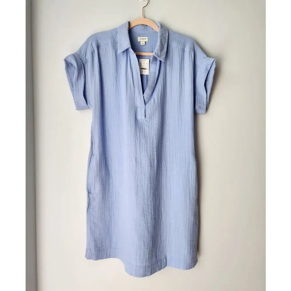 NWT J. Crew Short-Sleeve Gauze Popover Dress 100 % Cotton Blue S *Flaw